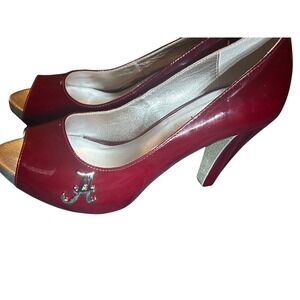 Fanfeet Women's Red Patent Peep Toe Heels with Alabama logo Roll Tide Sz 8